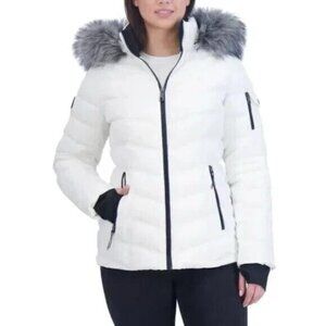 NWOT Nautica Women's M White Quilted Puffer Jacket With Faux Fur Hood